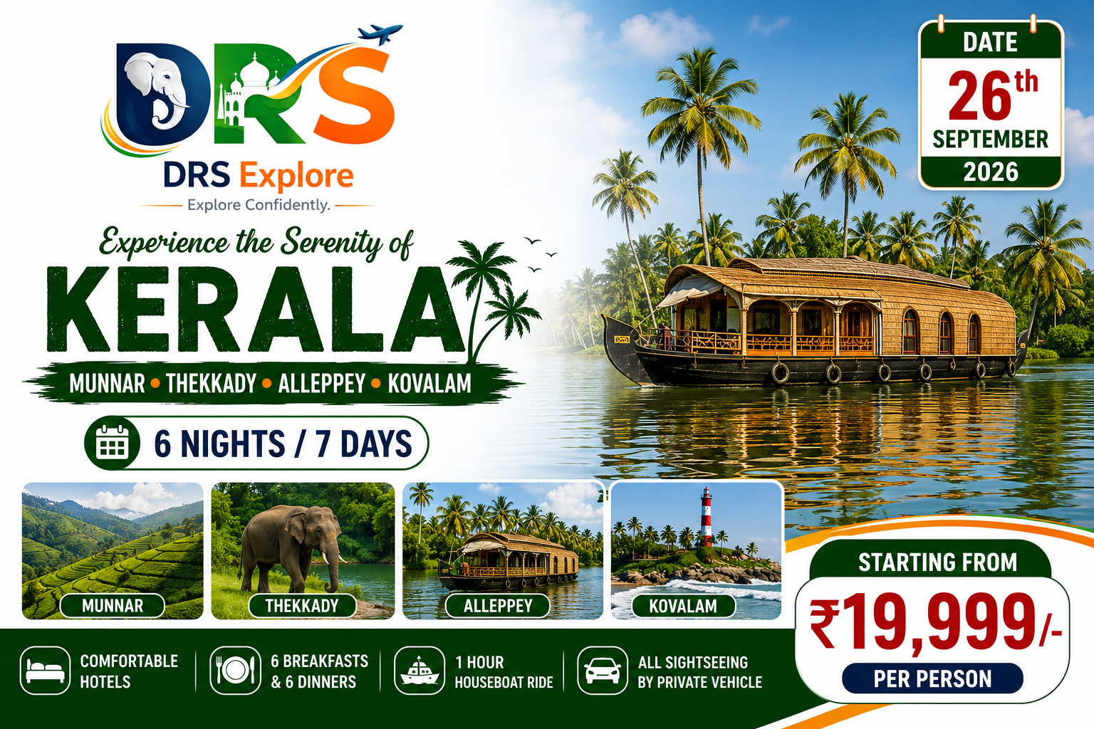 Kerala – Munnar, Thekkady, Alleppey & Kovalam | 6 Nights / 7 Days
